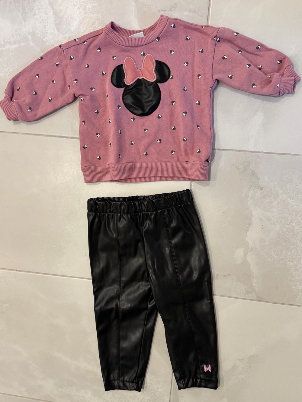 Pink Minnie Mouse Sweatshirt & Black Faux Leather Kids Pants Set